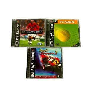 Vintage PlayStation 1 Sports Themed Video Game Trio Soccer Tennis Motorcycle